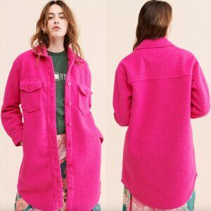 RD STYLE x ANTHROPOLOGIE Boucle Hot Pink Teddy Shirt Jacket Sz L Long Shacket